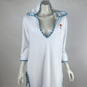 Helen Jon Hooded Terry Cover-Up Women M NWT $127 Palm‎ Springs 3/4 Sleeve White